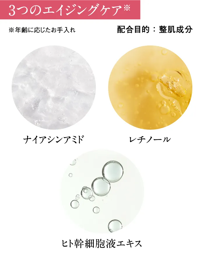 3つのエイジングケア「ナイアシンアミド」「レチノール」「ヒト幹細胞液エキス」